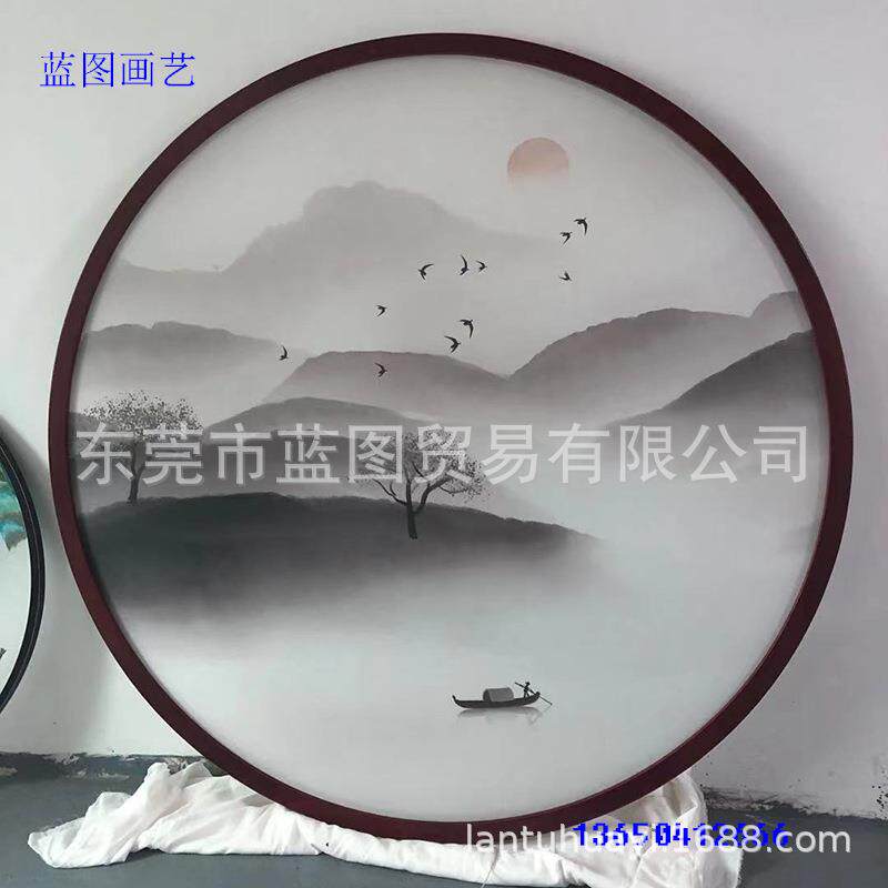 新中式玄关圆形装饰画led带灯茶室禅意屏风玄关发光水墨山水挂画