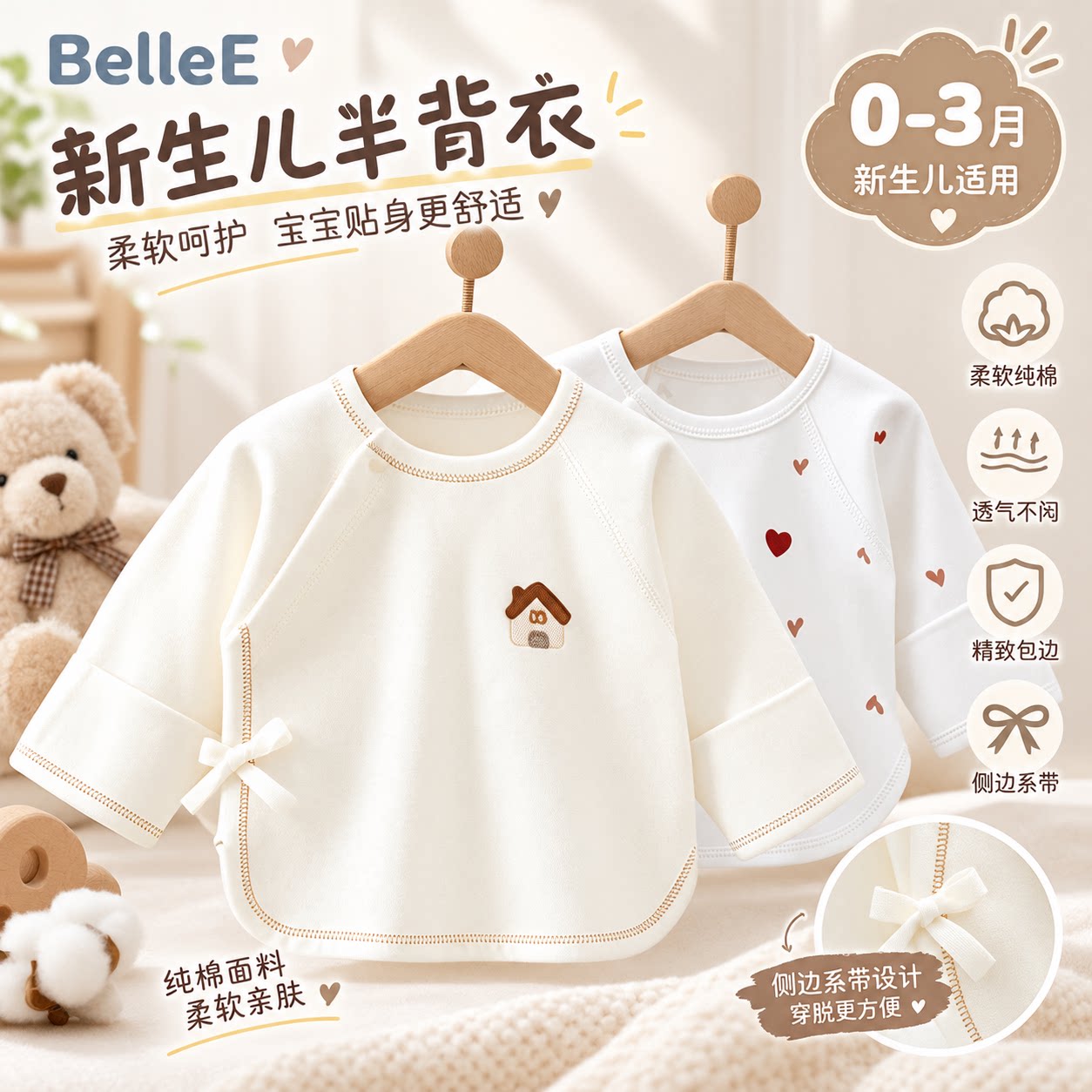 贝乐咿新生婴儿半背衣秋季款0到6个月a类纯棉初生幼儿上衣和尚服
