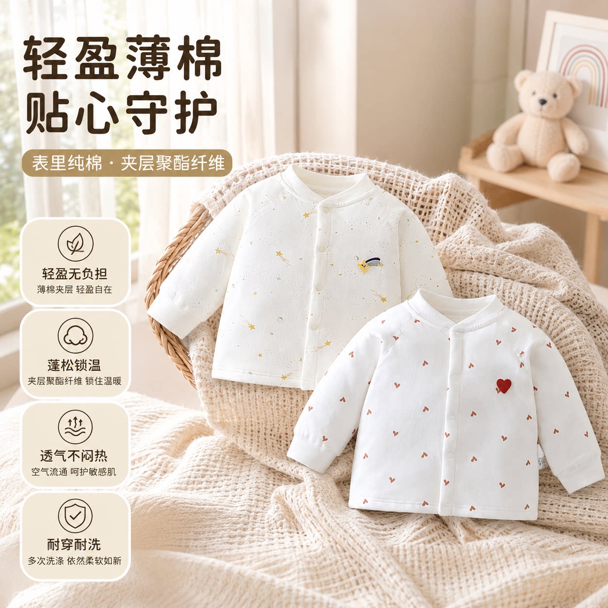 宝宝上衣秋冬季保暖纯棉衣服婴儿薄棉打底衫家居秋衣儿童夹棉内衣