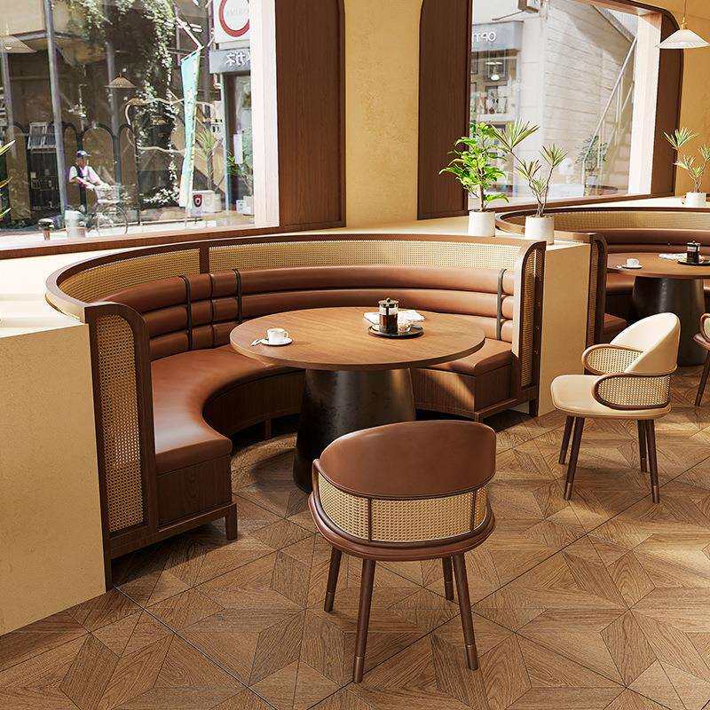 西餐厅实木卡座餐厅桌椅组合茶楼火锅店中式复古藤编半圆卡座沙发