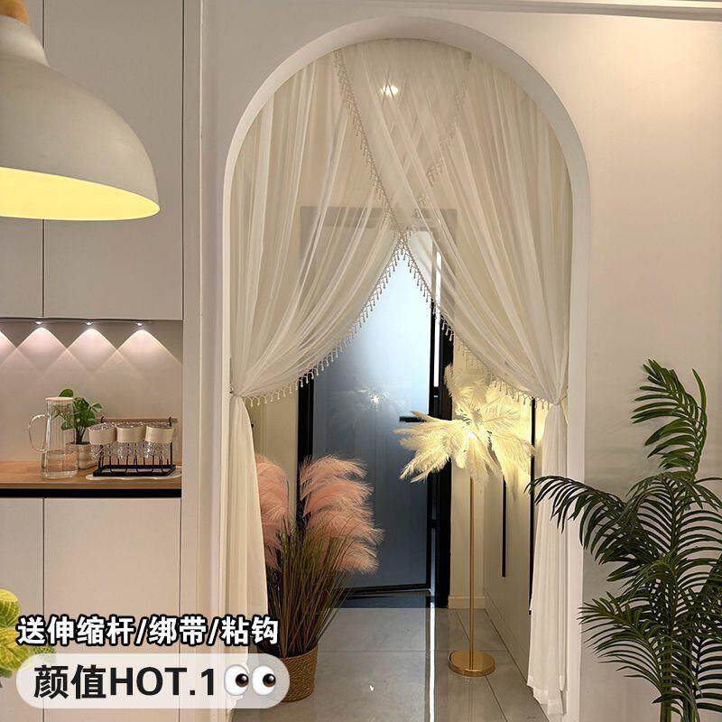 法式奶油风纱帘门框装饰帘玄关隔断门帘唯美珍珠花边透光帘免打孔