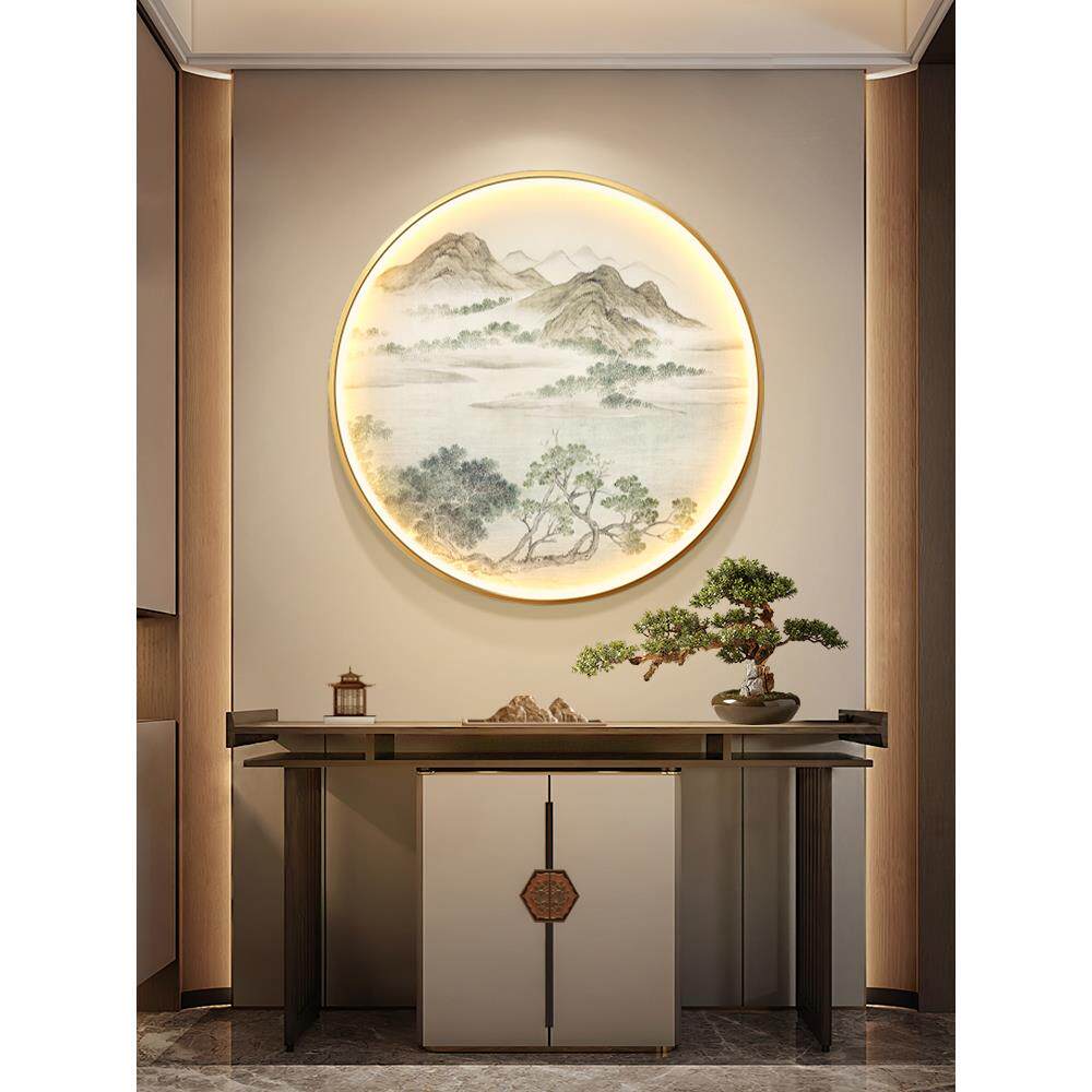 山水新中式禅意玄关装饰画发光LED灯画国画茶室挂画圆形客厅餐厅