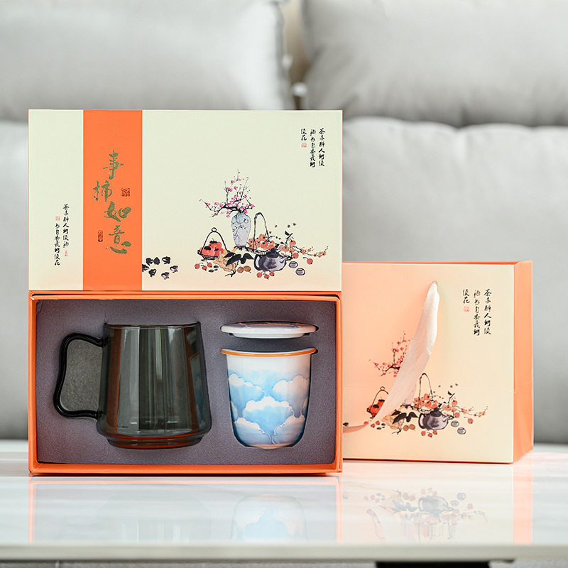 玻璃茶杯个人专用手绘堆雕填彩陶瓷内胆过滤大容量茶杯茶水分离杯