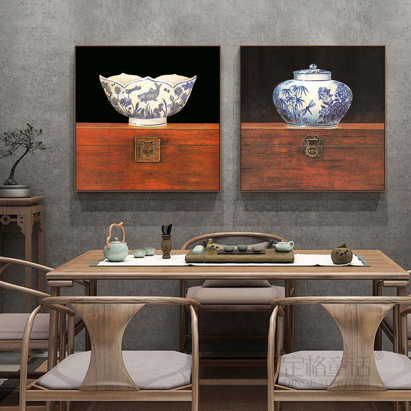 青花瓷装饰画新中式瓷器陶瓷花瓶复古中国风挂画餐厅茶室玄关壁画