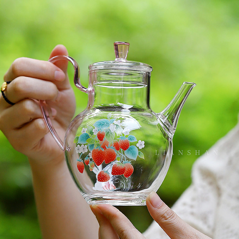 宜物宜心耐热玻璃手执茶壶手工贴花小号家用绿茶泡茶壶单壶花茶壶
