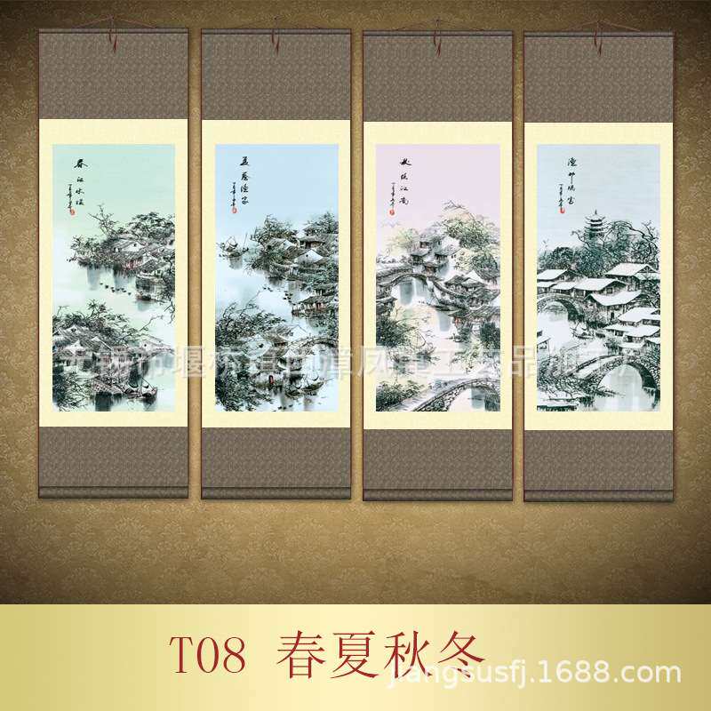 家居装饰工笔四条屏江南水乡春夏秋冬丝绸画 卷轴成套国画T08