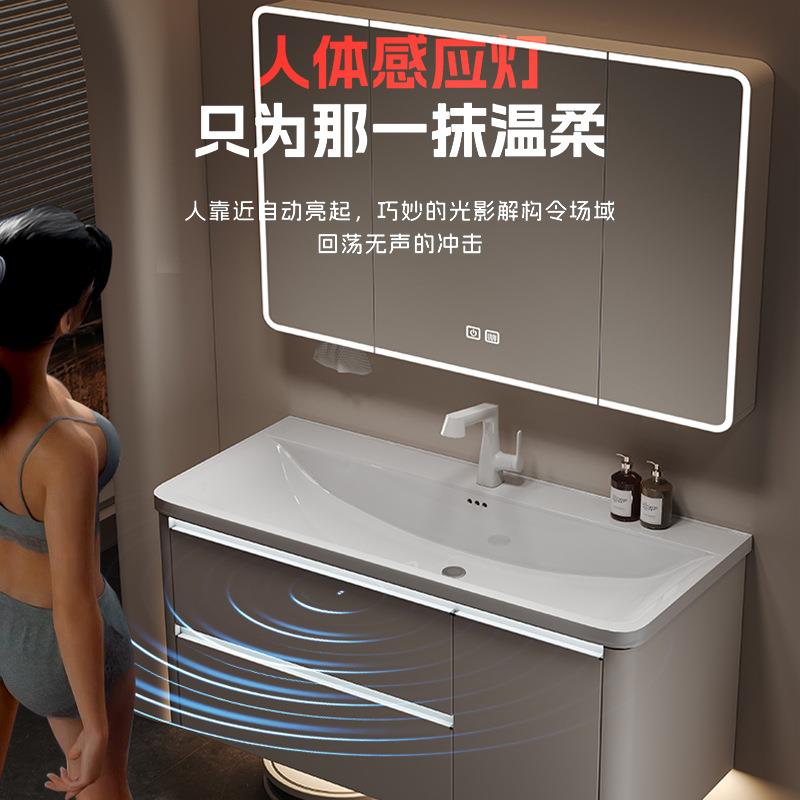 加厚不锈钢浴室柜加大加深一体海洋盆双层大抽屉浴室柜主柜感应灯