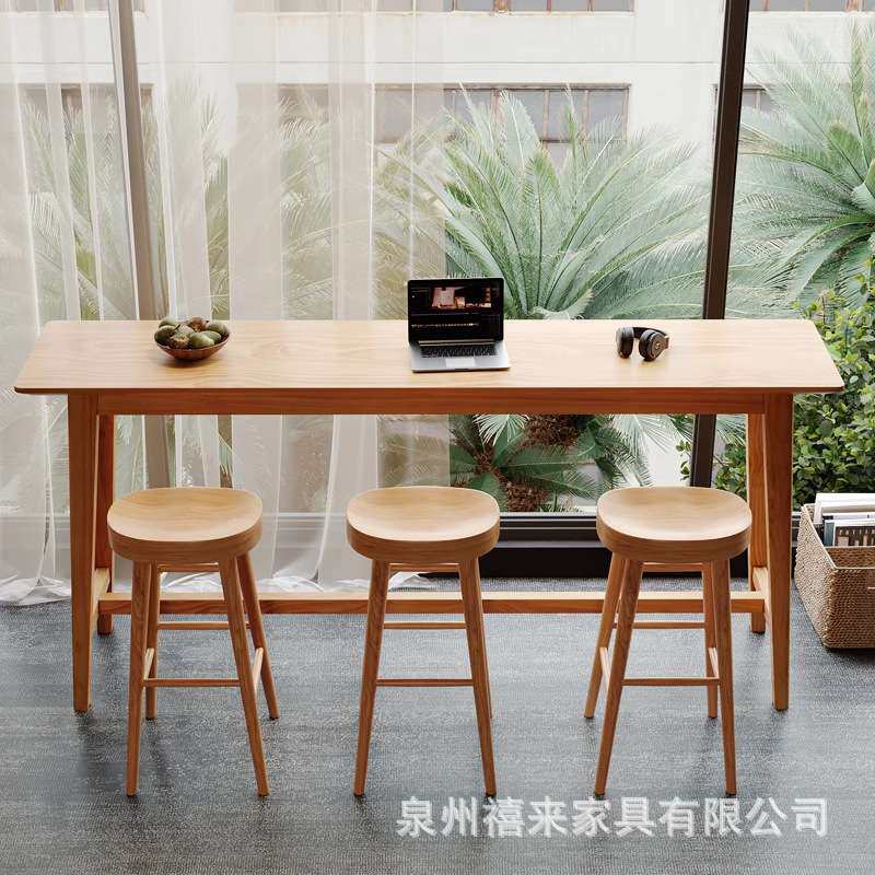 实木吧台桌椅家用原木色高脚桌长条窄桌阳台简约现代靠墙桌椅组合