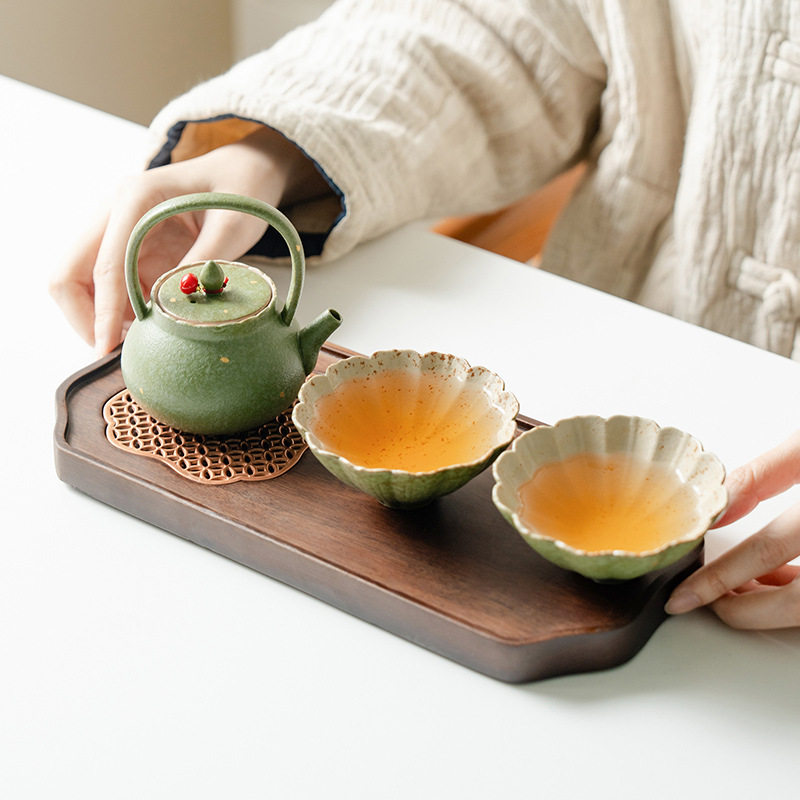 陶瓷青橘洒金岚风提梁壶静莲杯四件套带梅花茶盘隔热垫一壶二杯
