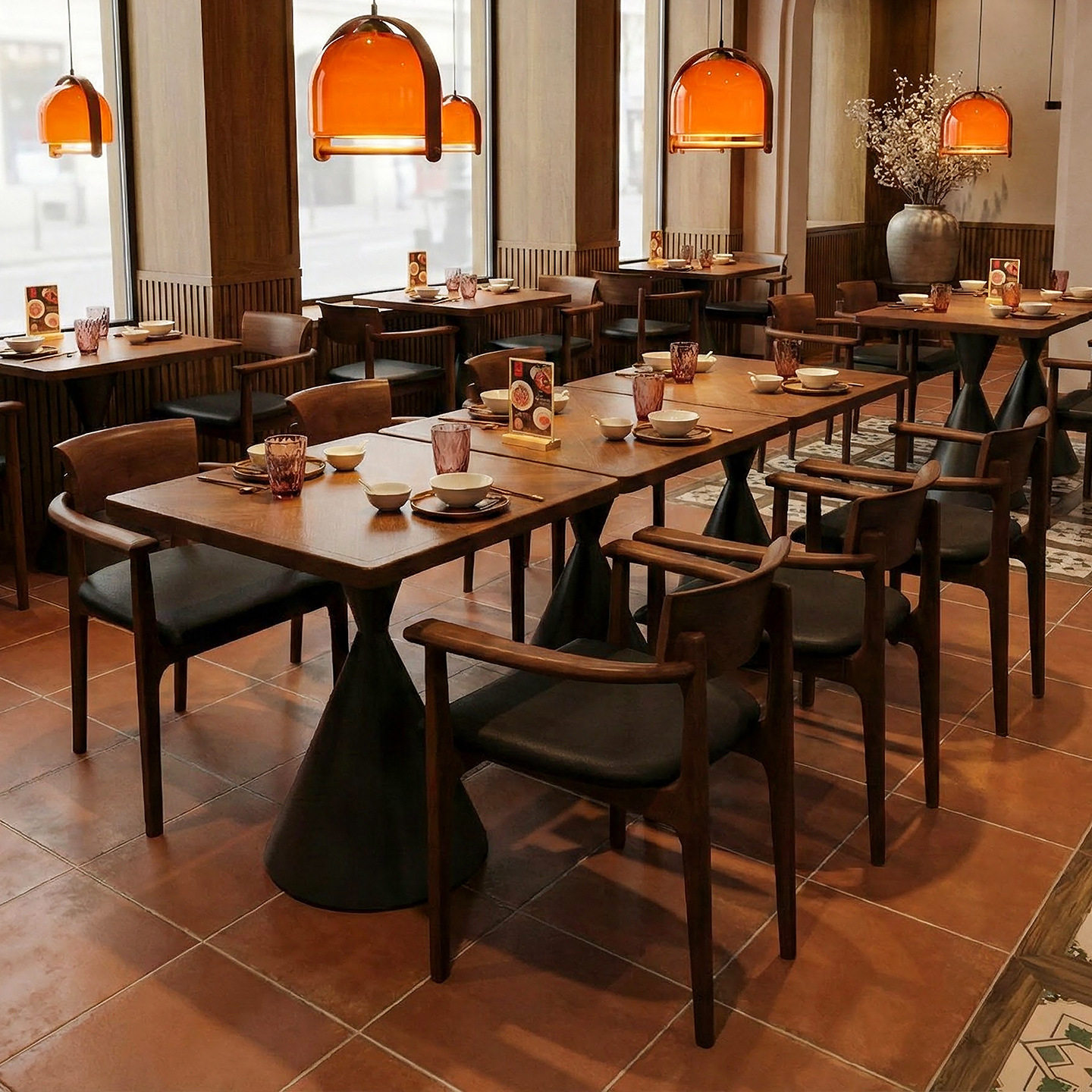 网红餐厅餐桌椅组合餐饮复古实木桌椅餐吧饭店方桌餐馆商用桌椅子