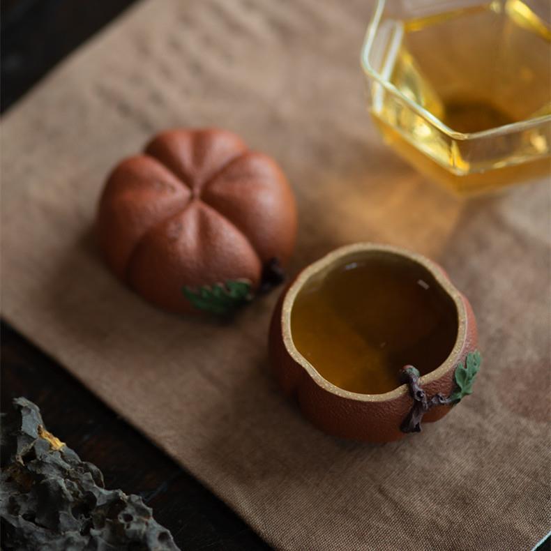宜兴紫砂杯柿子品茶杯手工精品泥绘双色贴花南瓜主人杯茶碗
