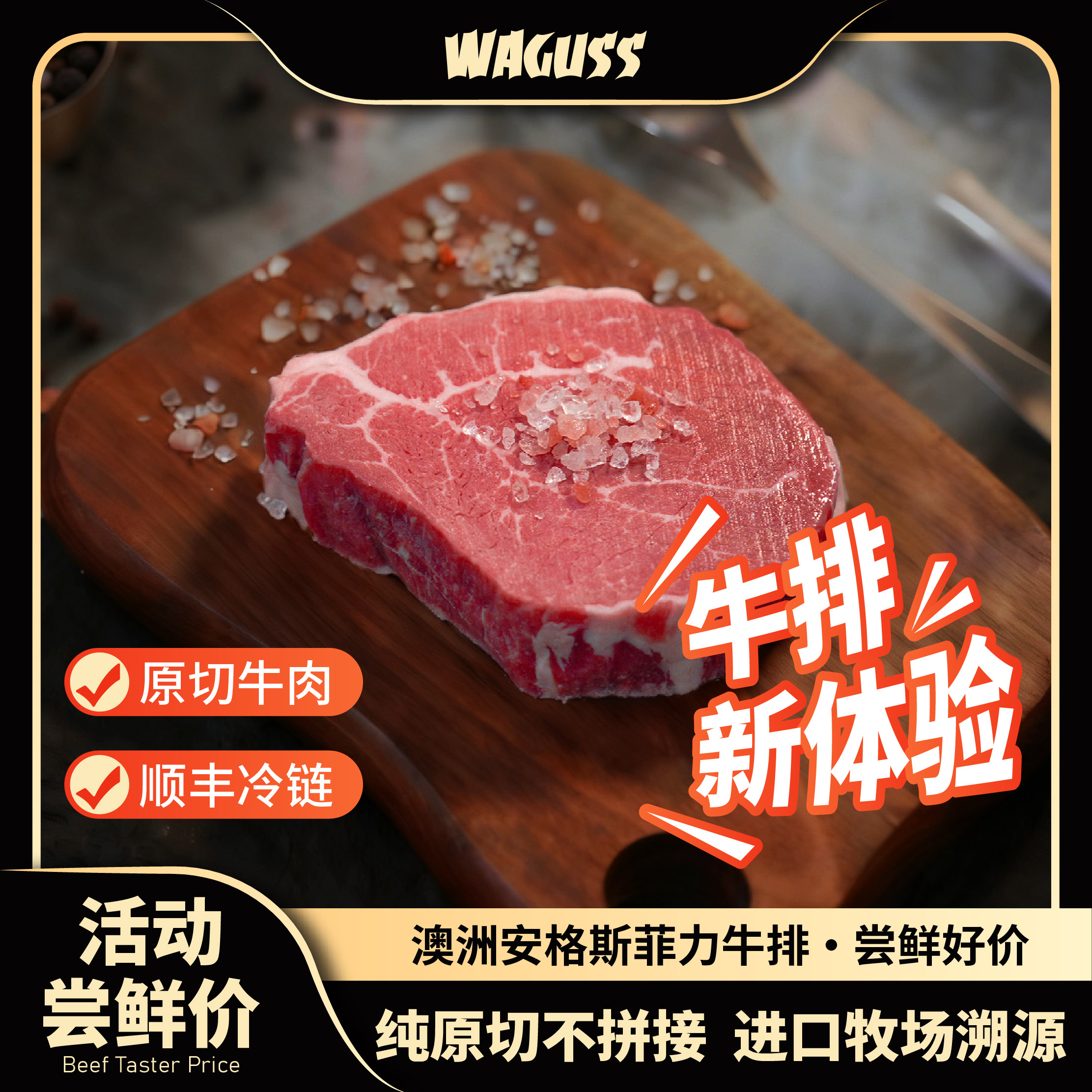 WAGUSS澳洲进口谷饲安格斯M5原切牛肉菲力牛排顺丰冷链 75g体验装