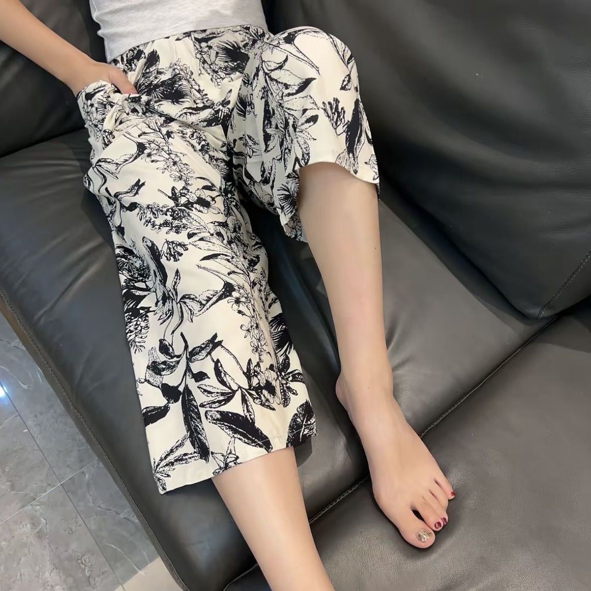 夏季人造棉休闲七分薄款棉绸裤宽松松紧腰口袋休闲居家可外穿中裤