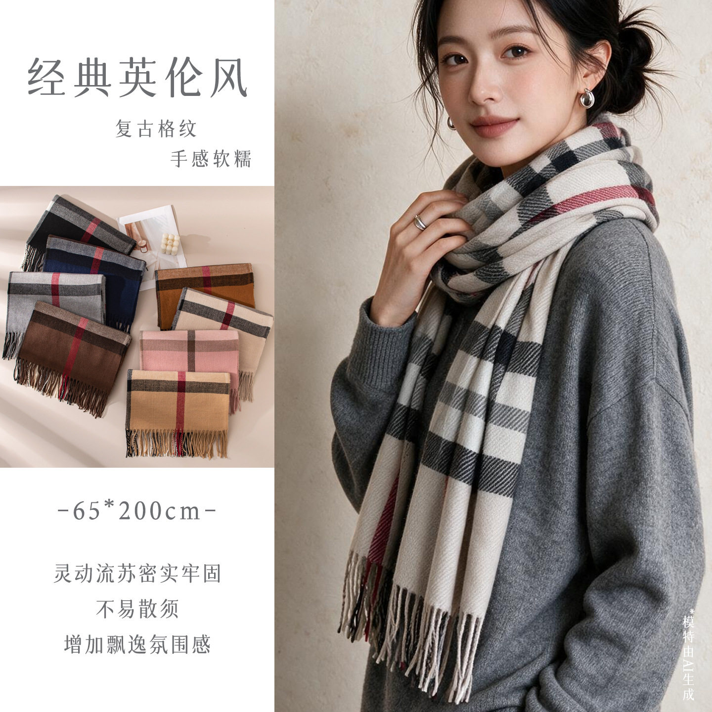 女士秋冬韩版格子仿羊绒围巾女百搭加厚流苏披肩学院风男女同款
