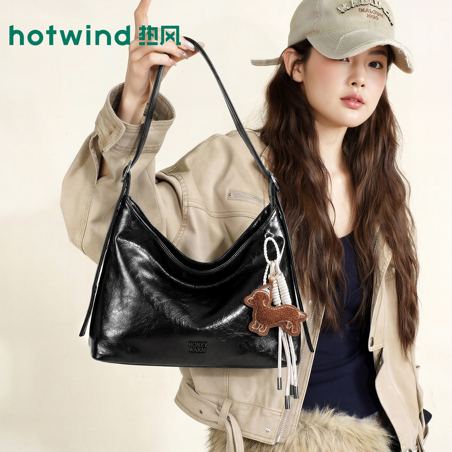 热风复古hobo包秋冬季百搭通勤托特包高级感女包黑色单肩斜挎包