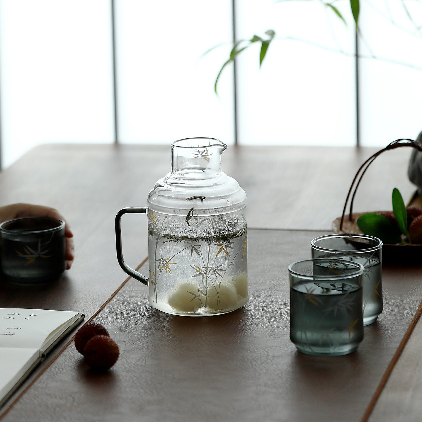 耐热玻璃壶主人杯水壶冷泡壶立体贴花手绘茶杯竹子竹叶茶壶一人饮