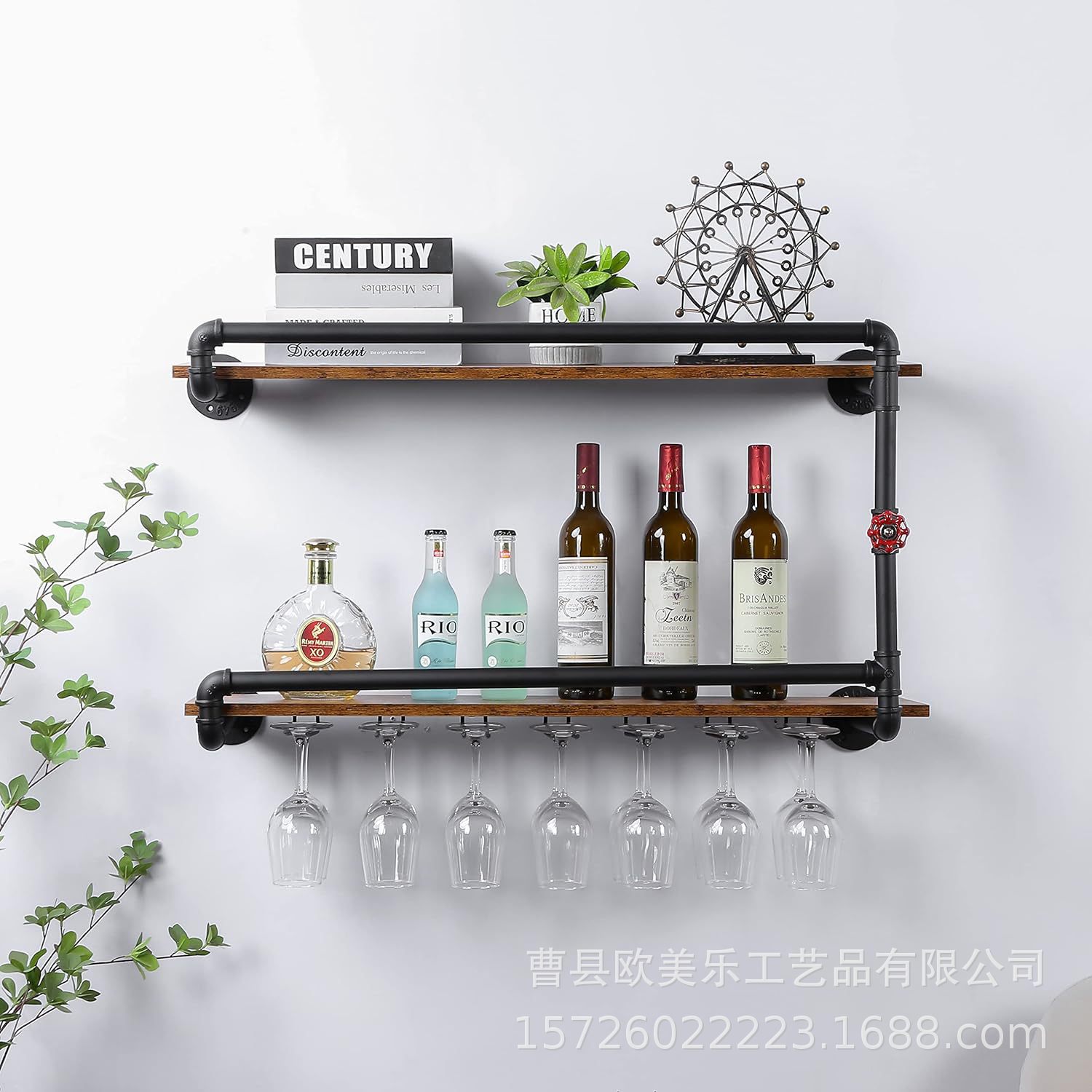 2层壁挂式酒架工业管道倒挂红酒杯架厨房酒吧黑色金属红酒展示架