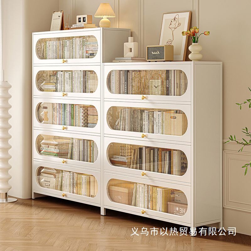 奶油风钢制防尘书柜法式落地书架家用展示柜客厅置物柜收纳储物柜