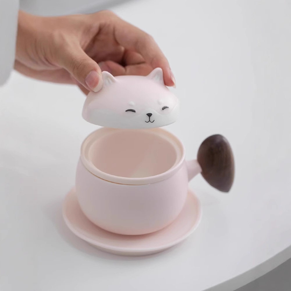 可爱猫咪陶瓷泡茶杯办公室带盖防烫木柄过滤杯个人专用茶水分离杯