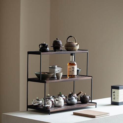 铁艺实木三层梯形收纳架茶棚茶杯置物架茶壶展示柜杯架茶道茶具架
