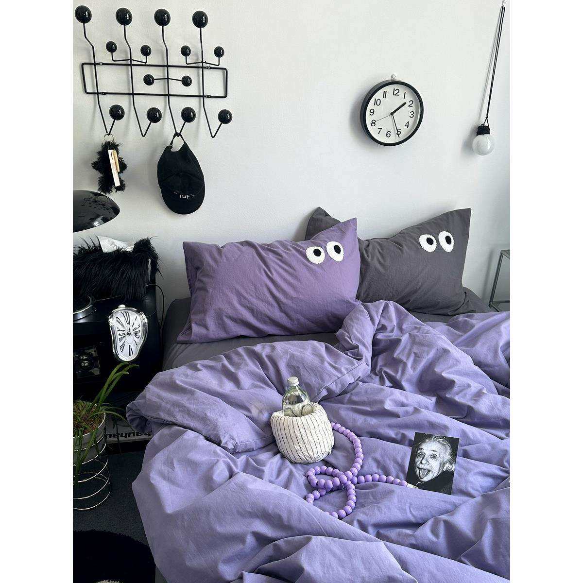 Purple紫灰黑眼睛毛巾绣水洗棉全棉四件套纯棉床单床笠床上4件套