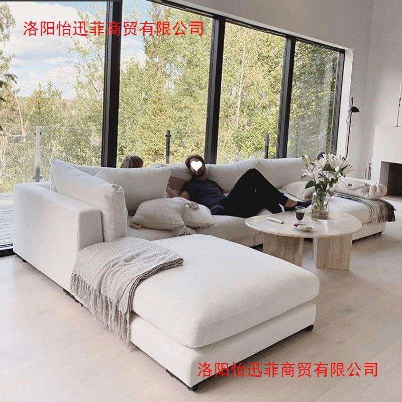 意式北欧白色羽绒棉麻布艺沙发现代简约家用大小户型转角组合沙发