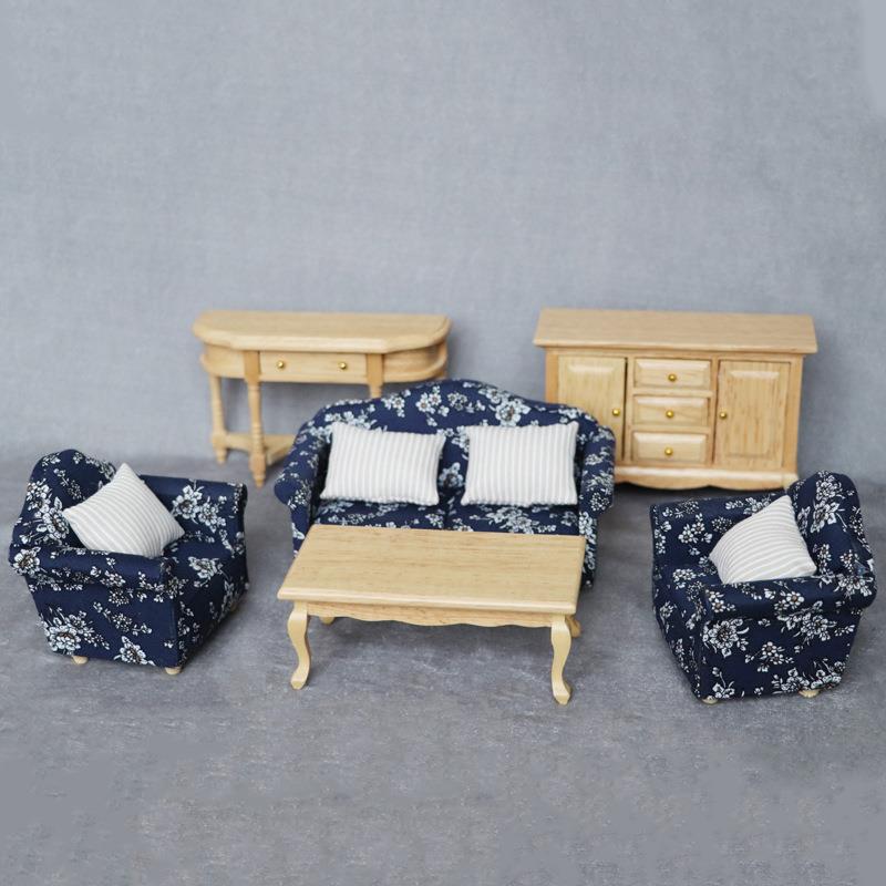1:12娃娃屋dollhouse迷你家具客厅微场景实木模型沙发6件套装ob11