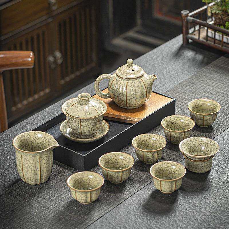 10头整套开片花瓣汝窑陶瓷茶具大套装办公室会客轻奢泡茶陶瓷茶壶