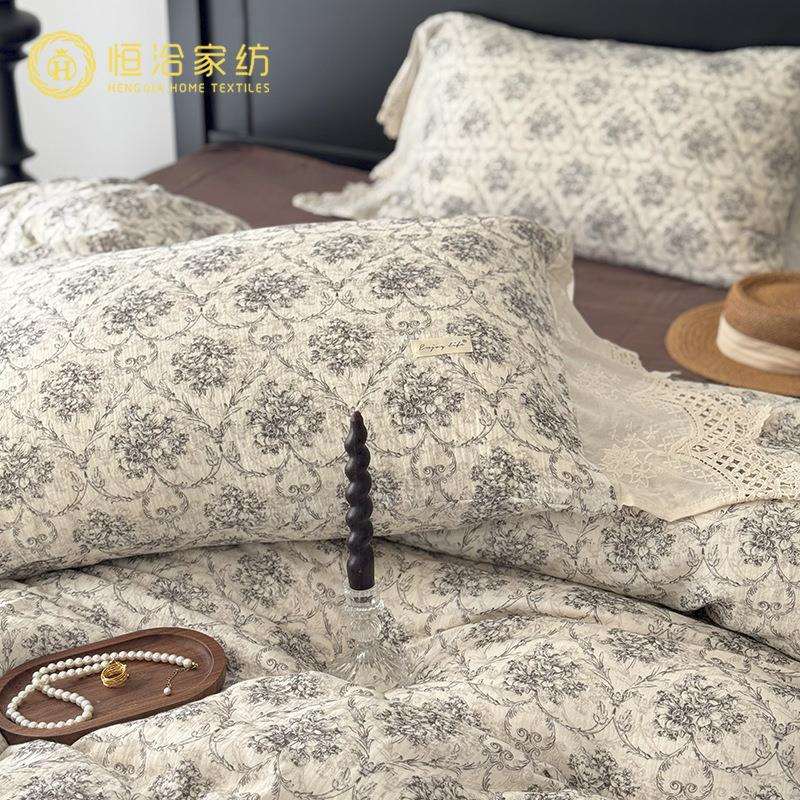 法式全棉皱皱纱四件套复古风数码印花纯棉刺绣大花边被套床上用品
