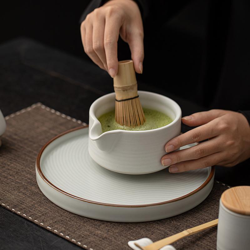 汝窑抹茶七件套可开片陶瓷带嘴打茶碗宋代点茶工具茶筅立茶刷托盘