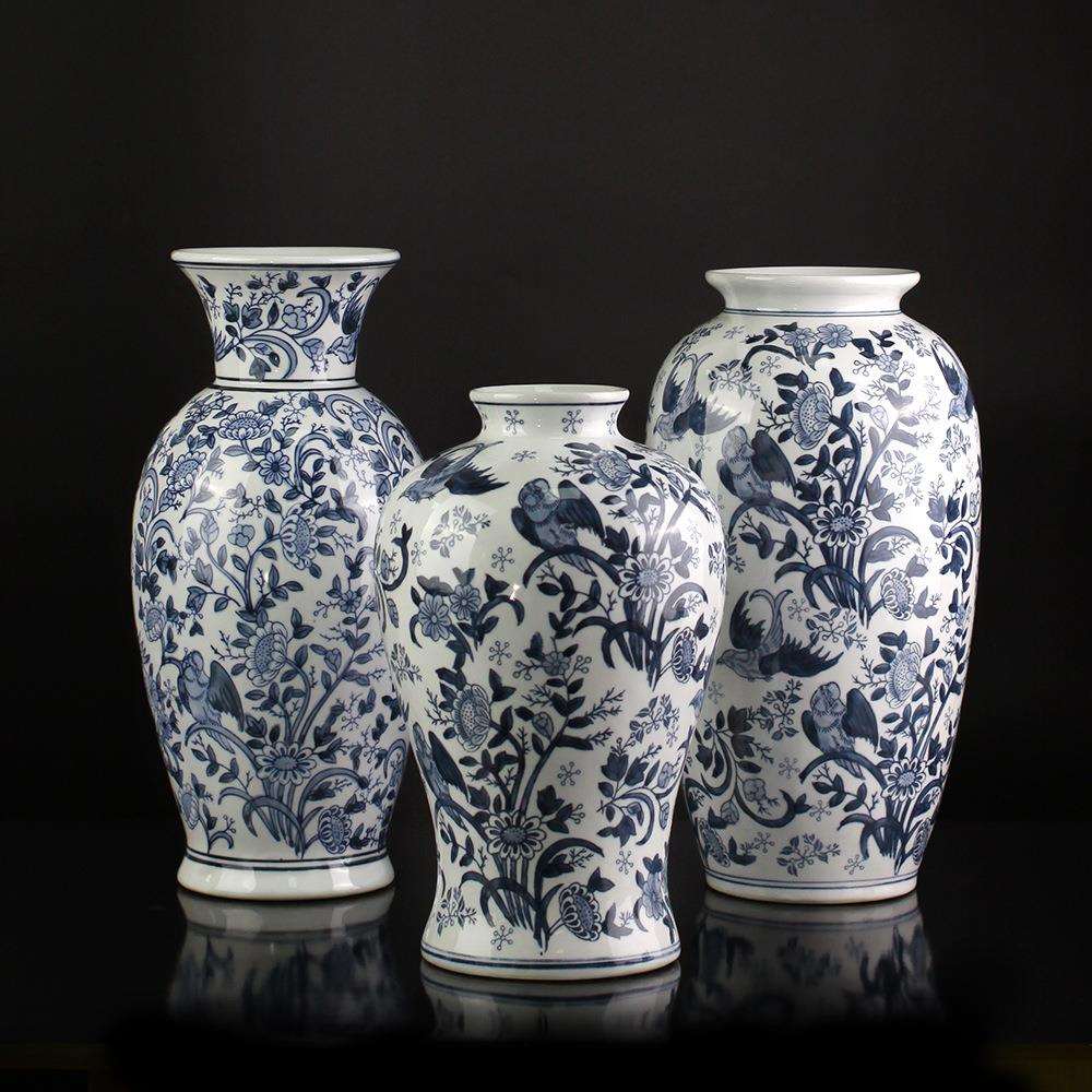 陶瓷花瓶青花瓷乌兰花鸟中式复古花瓶陶瓷高级景德镇花瓶工艺摆件