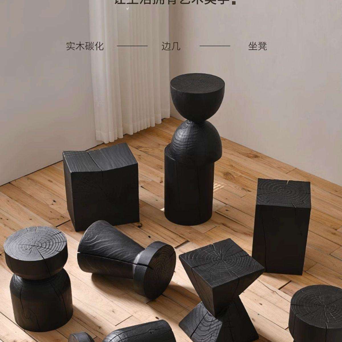 纯实木墩子碳化北欧原木凳边几民宿摆件矮凳树墩根雕茶几床头柜