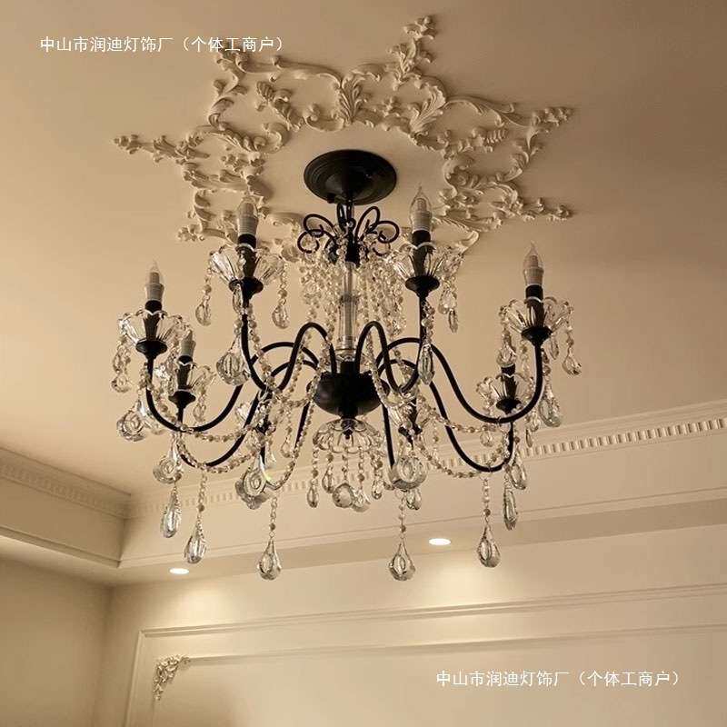 法式复古蜡烛吊灯小美式客厅灯餐厅卧室艺术田园风铁艺黑色水晶灯