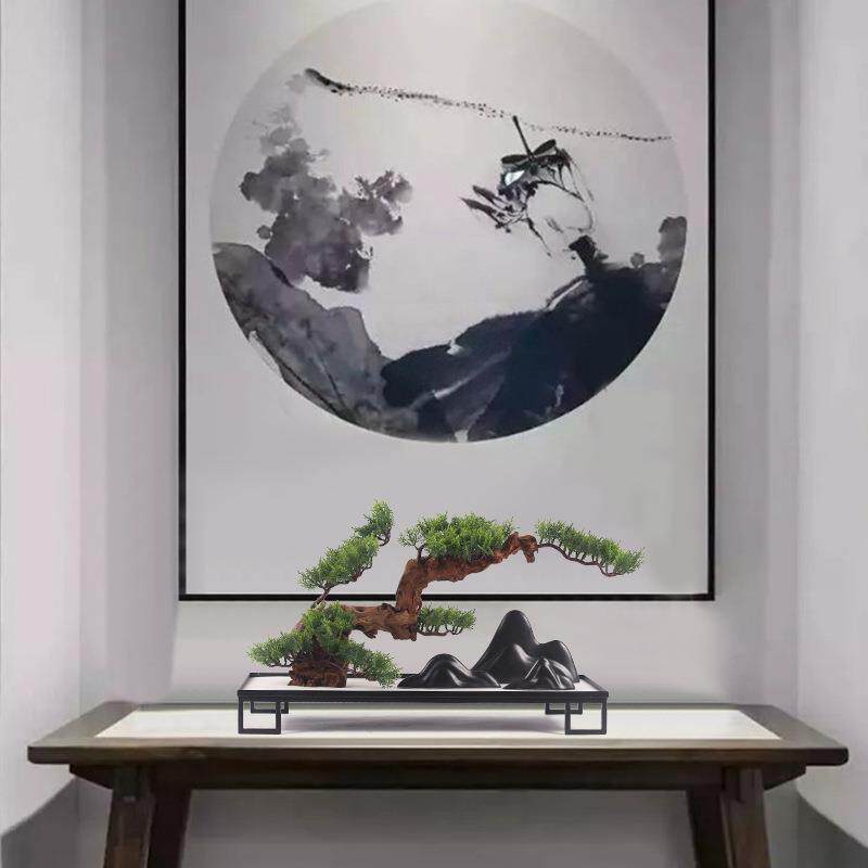 新中式仿真迎客松罗汉松柏树盆景软装样板房间山石玄关微景观摆件