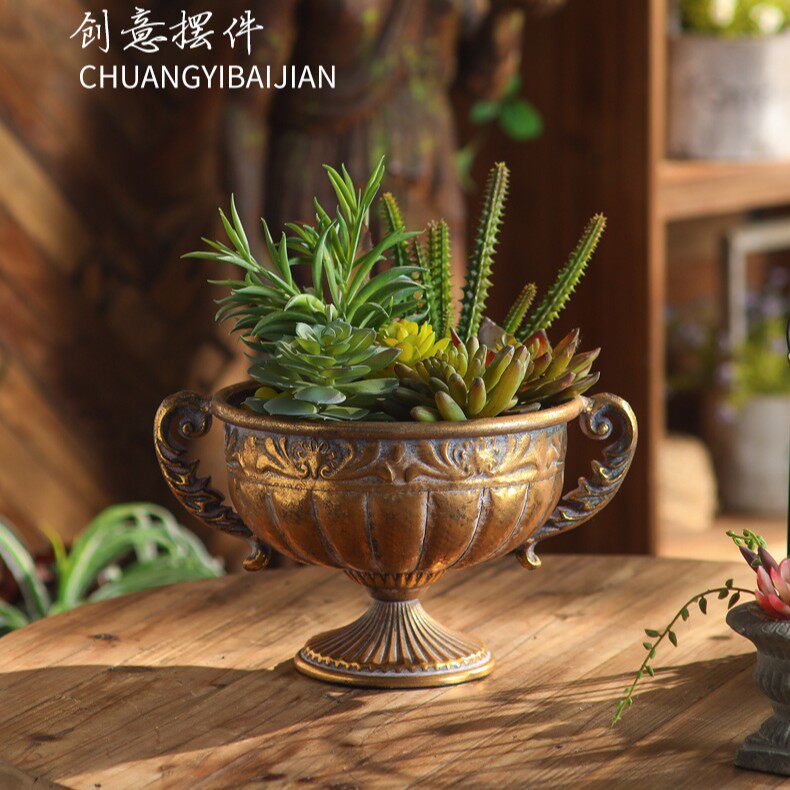 金色花瓶古典高脚杯花器花盆复古餐桌花艺铁艺金属欧式婚礼摆件