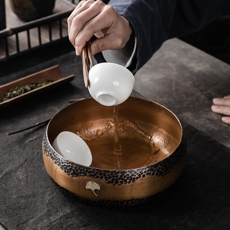 手工镶银杏叶纯铜茶洗特大号家用茶洗杯碗日式禅意水盂茶渣缸茶道
