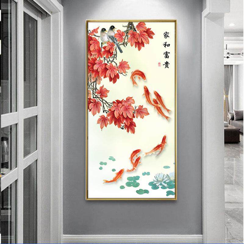 九鱼图风水招财玄关装饰画实木竖版过道走廊挂画新中式墙壁画客厅