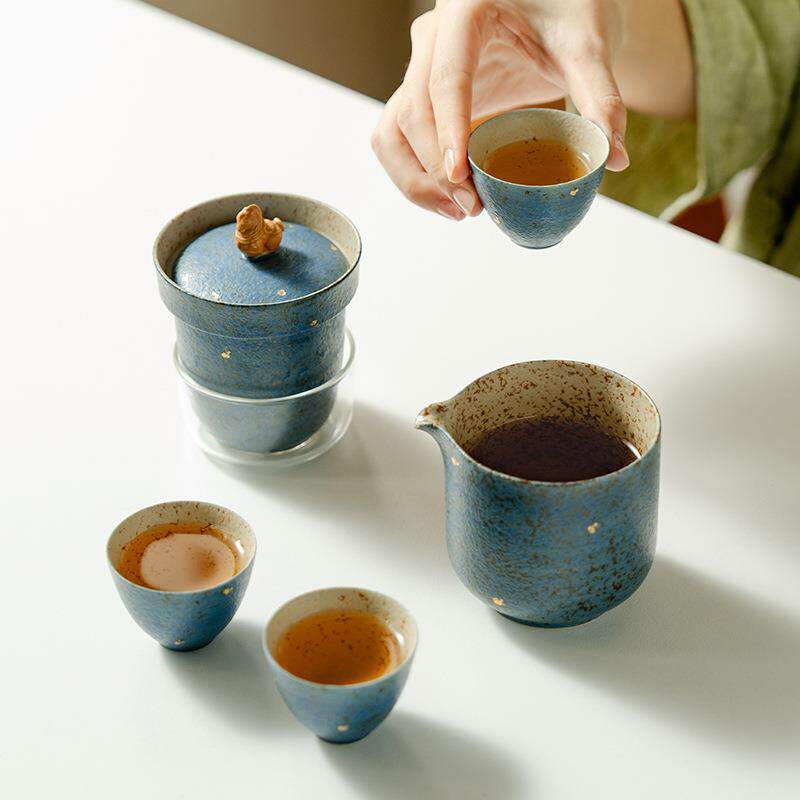 旅行茶具套装青金蓝快客杯一壶三杯便携式出行收纳袋随身泡茶套装