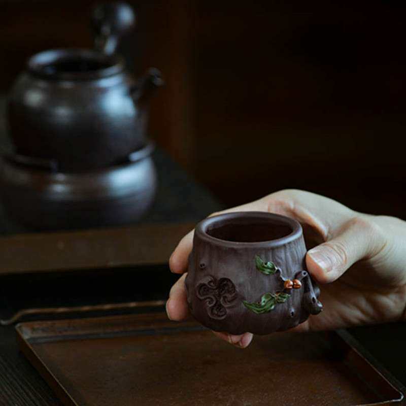 宜兴紫砂杯手工梅桩树桩品茗杯主人杯子贴花叶寿桃单杯茶碗茶具