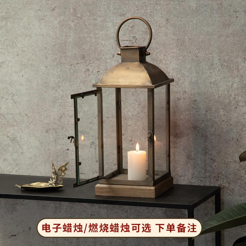 北欧简约铁艺风灯家居民宿复古装饰玻璃防风蜡烛台庭院装饰品摆件