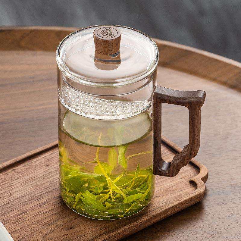 耐高温玻璃茶杯高硼硅材质绿茶杯月牙过滤一体泡茶杯家用木把杯子
