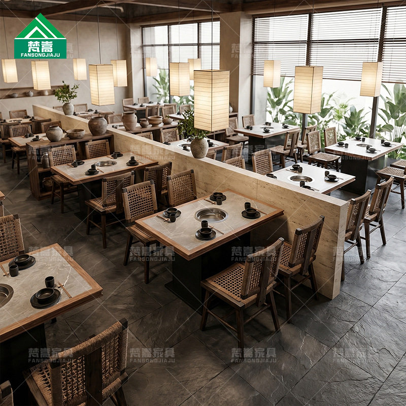 实木夹岩板火锅桌电磁炉一体中高档火锅店烧烤肉店铁艺绳编餐椅子
