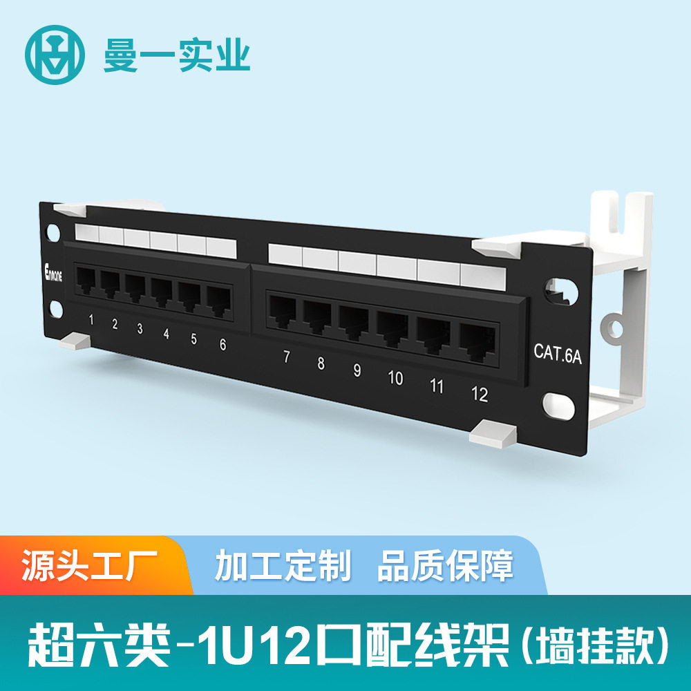 曼一网络配线架1u12口超六类非屏蔽Rcat.6a墙壁RJ45墙挂弱电箱款