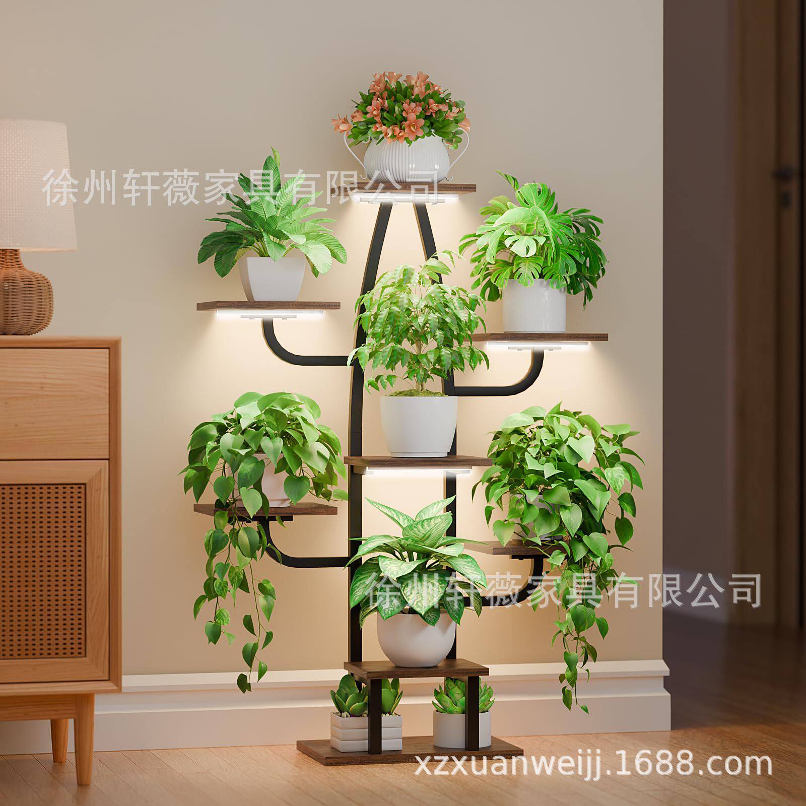 批发室内花架花盆架带灯铁艺多层植物架阳台简约现代落地置物架