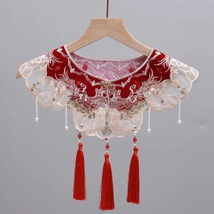 云肩红色礼服百搭坎肩汉服复古流苏假领珍珠春秋马面裙女披肩 包邮