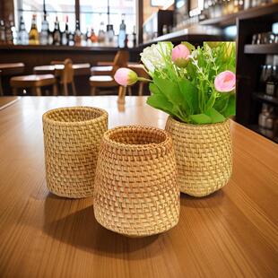 藤编手工笔筒越南秋藤编茶道零配收纳桶茶道茶桶笔筒摆件收纳桶藤