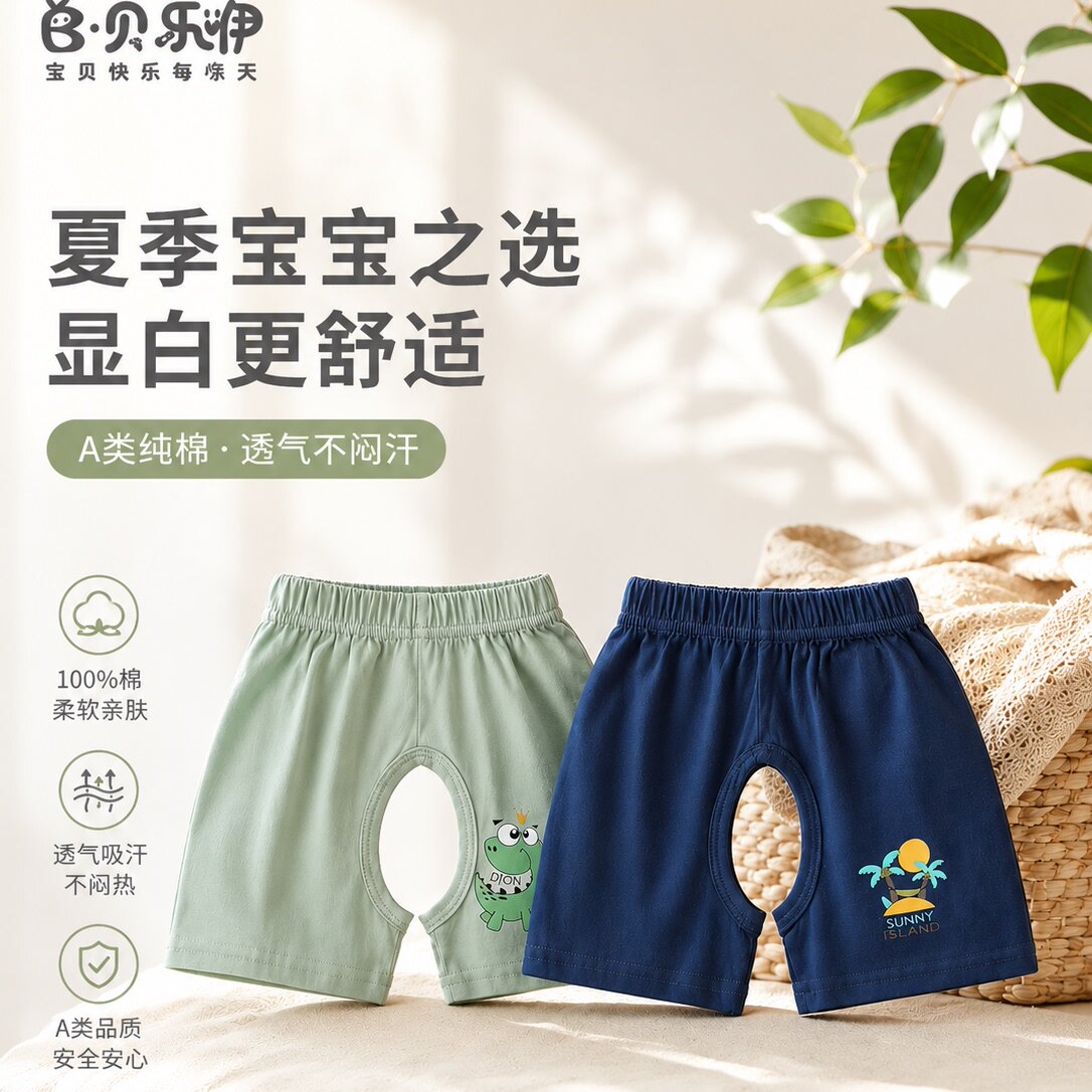 贝乐咿婴儿开裆裤夏季轻薄透气宝宝纯棉短裤衣服a类婴幼儿家居服