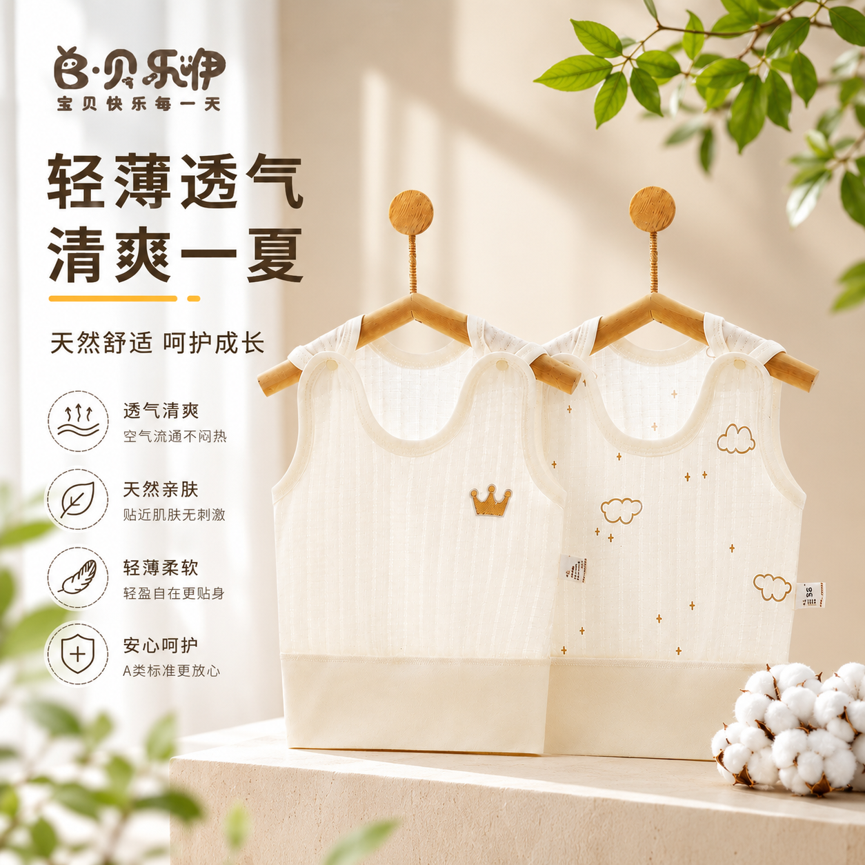 贝乐咿婴儿背心夏季护肚轻薄小背心男女宝宝防着凉A类纯棉打底