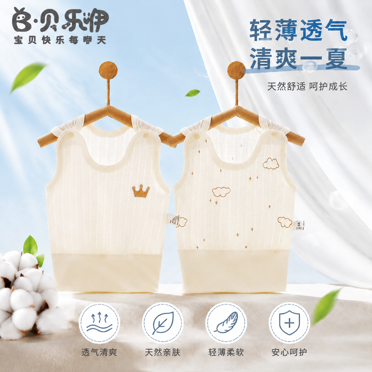 贝乐咿婴儿背心夏季护肚轻薄小背心男女宝宝防着凉A类纯棉打底