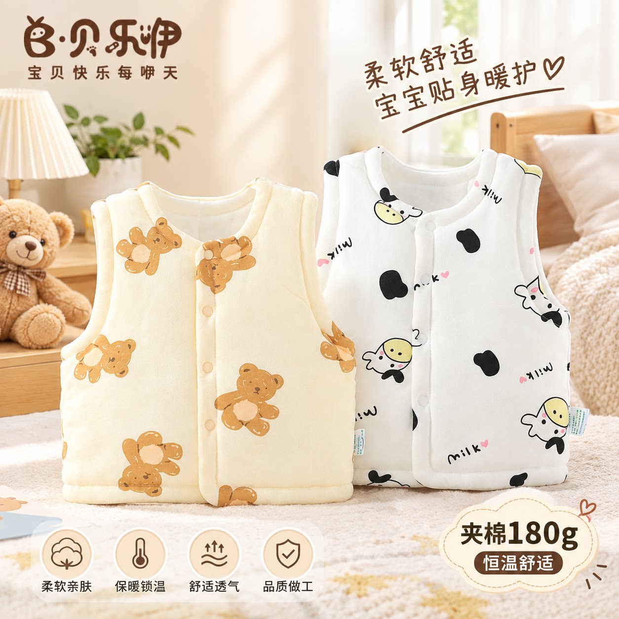 贝乐咿婴儿马甲秋冬季宝宝保暖款夹棉背心儿童加厚无袖上衣坎肩